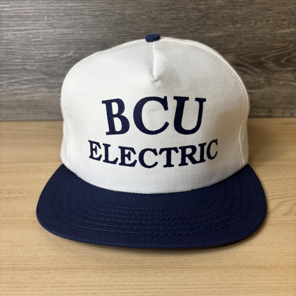 VINTAGE BCU Electric Hat Cap Snap Back White Navy Advertising Made in USA 90s